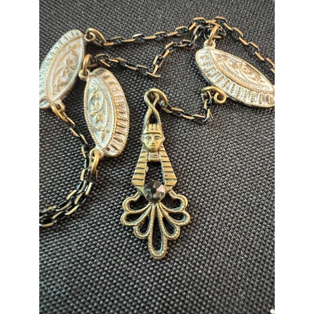 Vintage Egyptian Revival Necklace Pharaoh Pendant Brass Tone Art Deco Figural - Picture 7 of 16